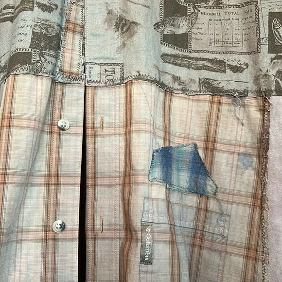 Upcycled patched over dyed fringe back sportsmen’s fish print plaid duster shirt